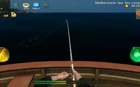 Angelrute über dem Wasser während einer Fahrt auf dem Mittelmeer