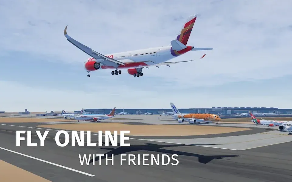 Landeanflug einer Maschine über der Landebahn eines belebten Flughafens in Infinite Flight Simulator