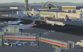 Nachgebauter Flughafen mit Terminal, Tower und wartenden Maschinen