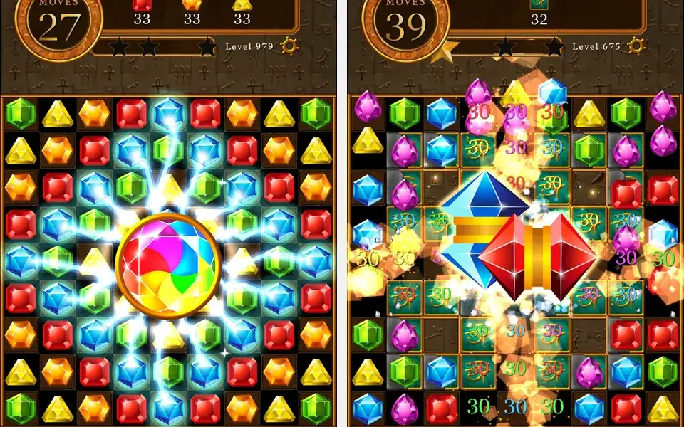 Zwei Spielszenen aus Magic Pharaoh Jewels: Juwelenbrett mit Regenbogenstein und eine ausgelöste Kettenreaktion